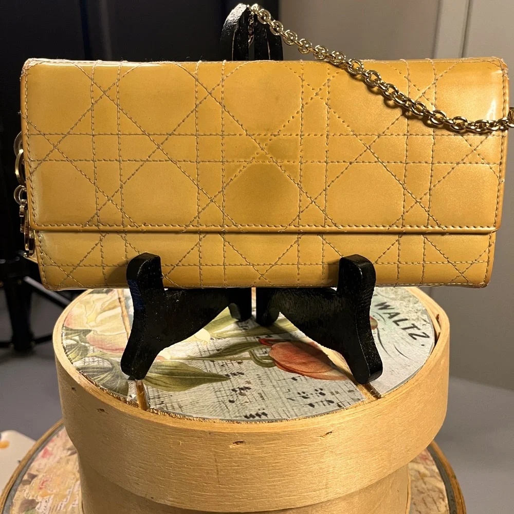Christian Dior Cannage Yellow Quilted Patent-Leather Chain Shoulder Bag